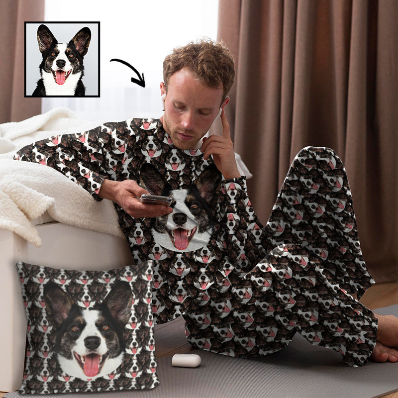 Custom Dog Face Pajamas Set&Pillow Personalized Men's Crew Neck Long Sleeve Face Pajamas Set