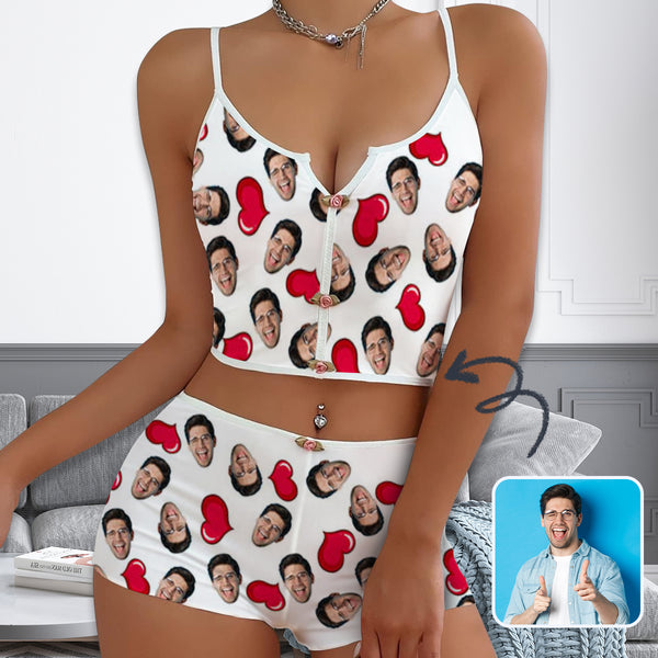 Personalized Face White Pajama Camisole Set&Boxer Briefs Underwear Custom Face Red Heart Sleepwear Set For Women