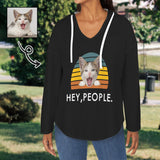 Custom Women's V Neck Long Sleeve Drawstring Pocket Pullover Hoodies Personalized Pet Face Black V Neck Sweatshirt