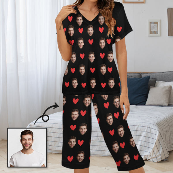Personalized Face Women's Pajama Set Custom Face&Red Hearts Women's V-Neck Short Sleeve&Capri Pants Pajama Sets
