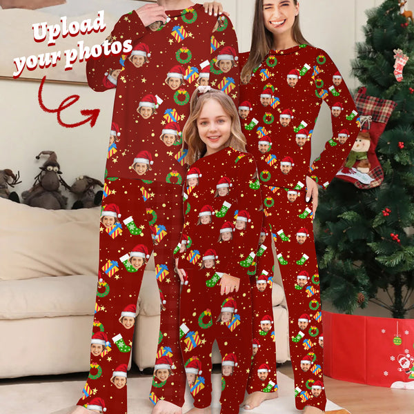 Personalized Face Christmas Pajama Set Custom Face Family Matching Red Crew Neck Pajama Sets