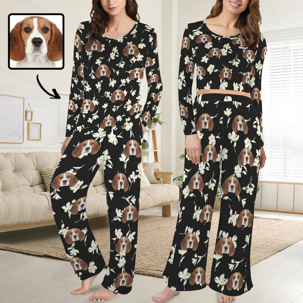 Custom Face Long Pajama Sets Personalized Women's Round Neck Pocket White Flowers Black Pajama Sets