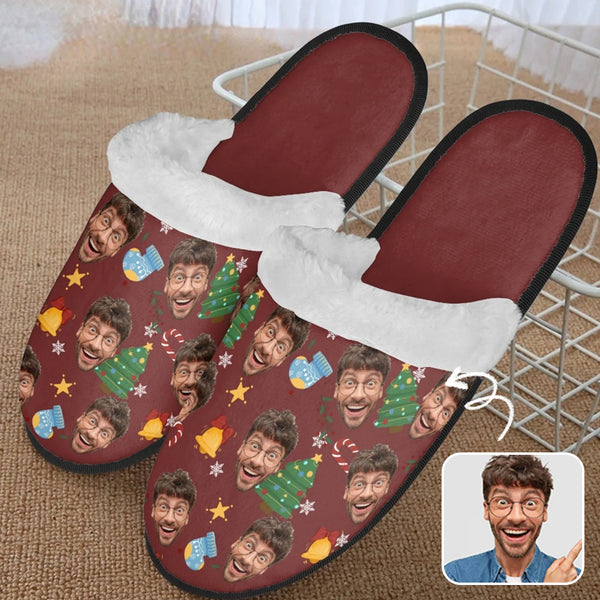 Custom Face Brown Christmas Fuzzy Slippers For Women&Men Personalized Christmas Face Slippers Gifts