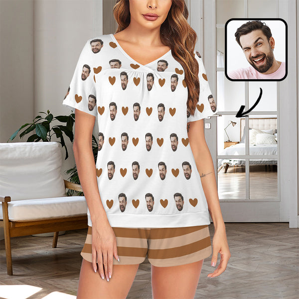 Custom Face Brown Heart Short Sleeve Pajamas Set Personalized V Neck Sleepwear For Women