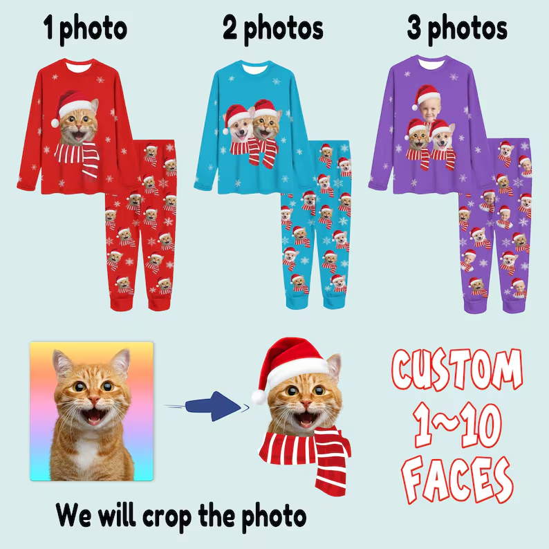 Custom Face Crew Neck Long Sleeve Pajama Sets Personalized Face With Santa Hat Pajamas For Family