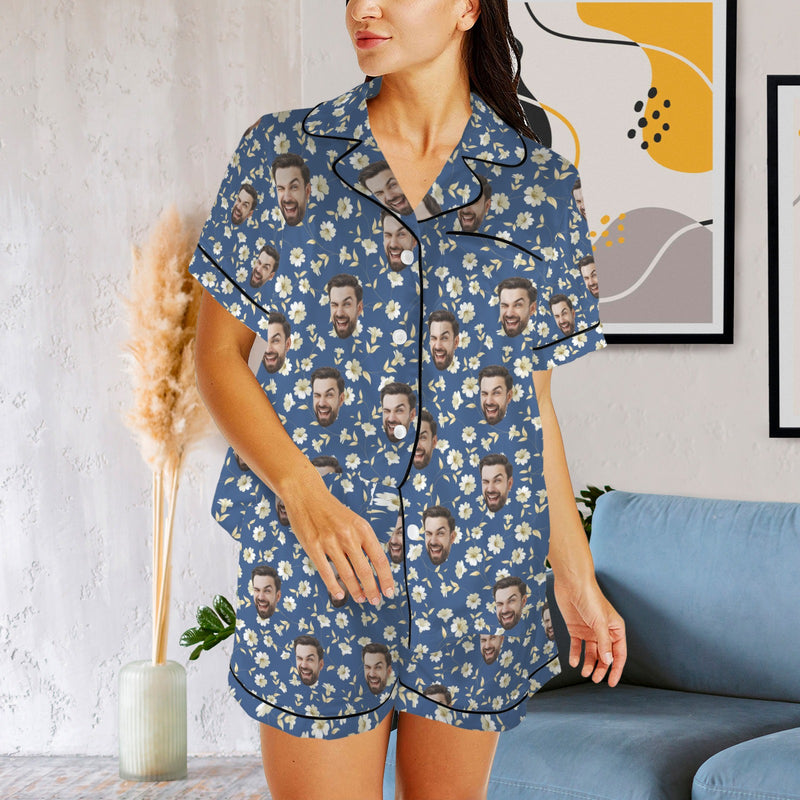 Personalized Women's Silk Short Sleeve Pajama Sets Custom Face Blue Satin Pajamas Nightwear