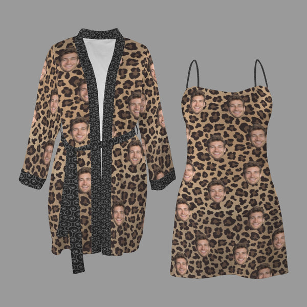 Personalized Women's Pajama Robe&Camisole Sleep Dress Custom Face Leopard Print Robe Cami Sets