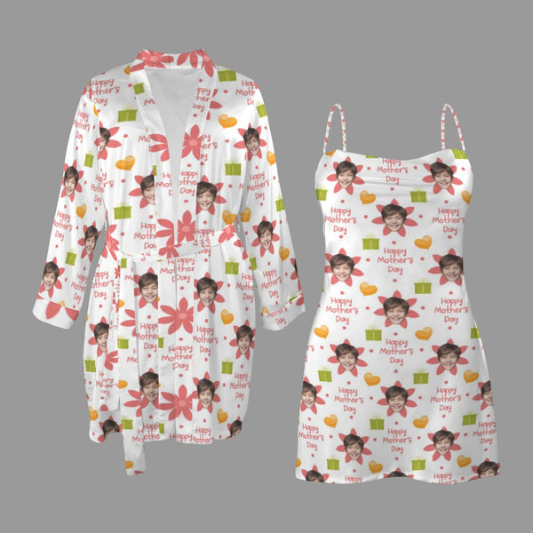 Custom Face&Happy Mother's Day Robe Cami Set Personalized Women's Pajama Robe&Camisole Sleep Dress