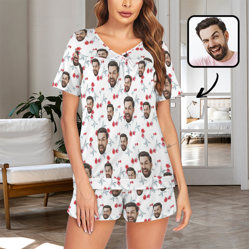 Custom Face Little Red Flowers Short Sleeve Pajamas Set Personalized V Neck Sleepwear For Women