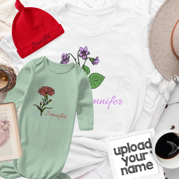 Personalized Baby Sleeper Gown With Name&Birth Month Flower Custom Baby Sleep Bag Outfit Pajama&Mom T-shirt