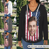 Custom Women's V Neck Long Sleeve Drawstring Pocket Pullover Hoodies Personalized Face Flag Design V Neck Sweatshirt