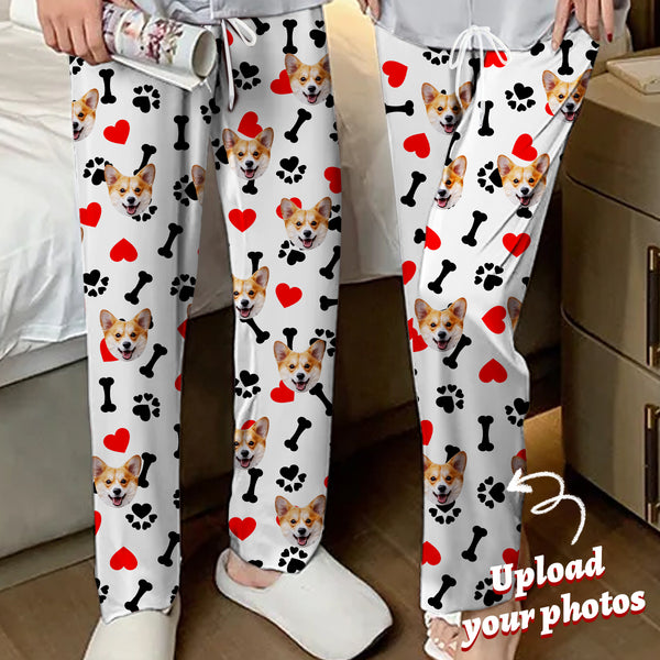 Personalized Unisex Pajama Pants Custom Face Red Heart Bones White Background Pants For Women& Men