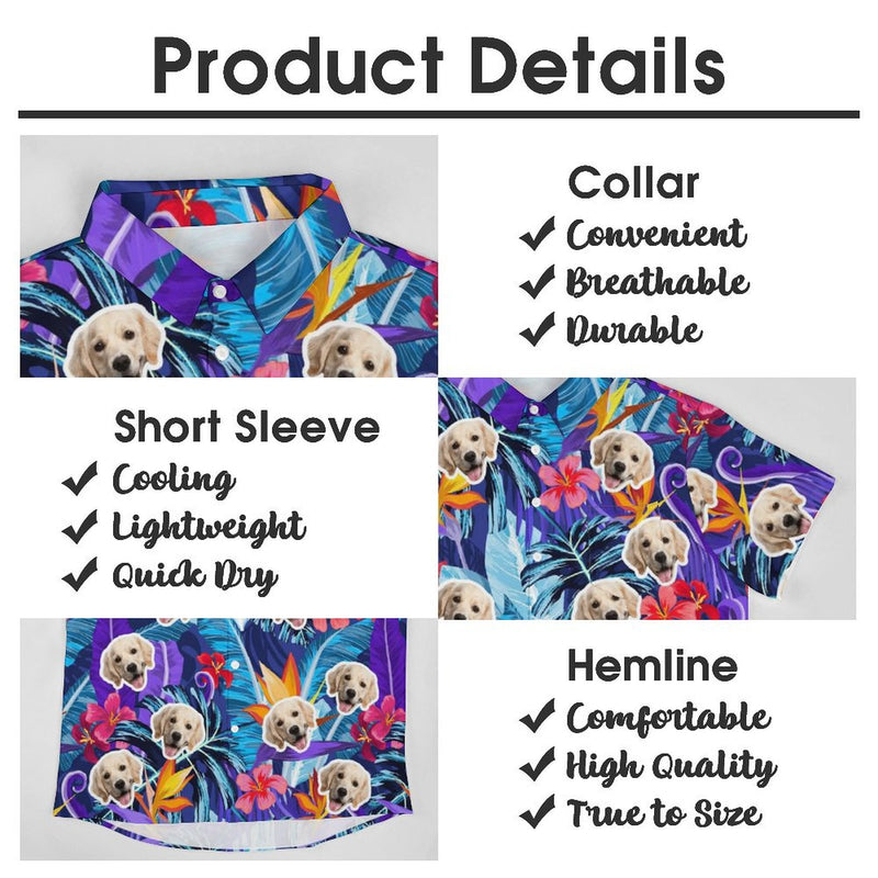 Custom Face Men's Shirt&Pet Shirt Personalized Face Purple Tropical Leaves Hawaiian Shirt&Pet Shirt For Pet Lovers