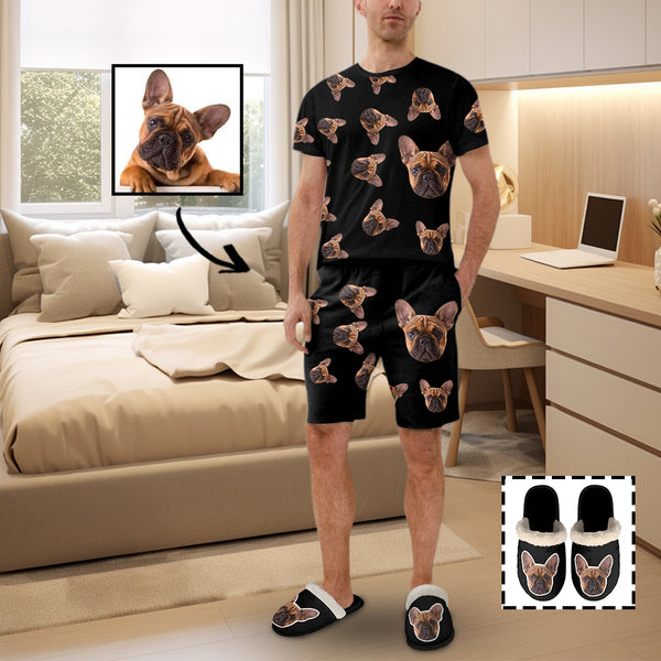 Custom Dog Face Pajamas&Slippers Personalized Men's Crew Neck Short Sleeve Pajama Set with Photo