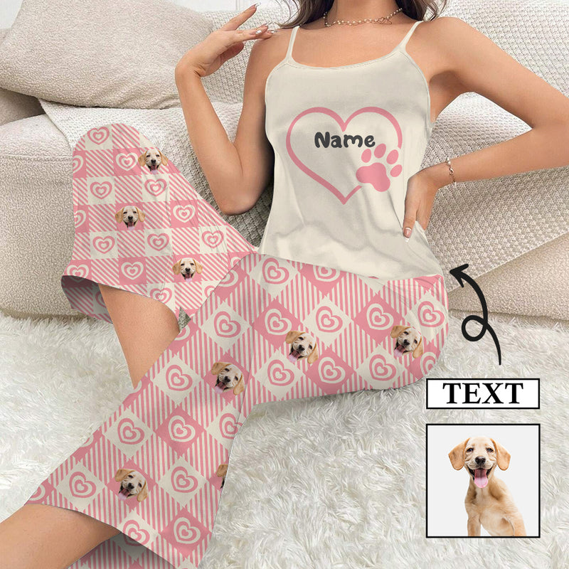 Custom Cami Top & Long Pants Pocket Pajama Sets Personalized Pink Heart Pet Face&Name Women's Sleepwear