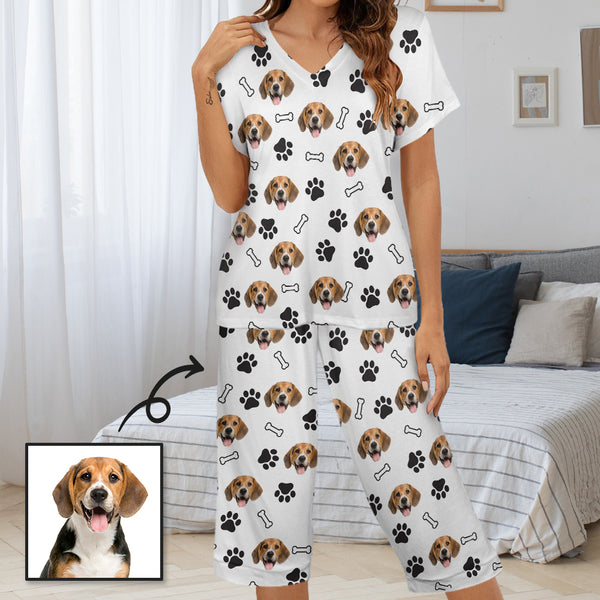 Personalized Face Women's Pajama Set Custom Dog Paw&Bones Women's V-Neck Short Sleeve&Capri Pants Pajama Sets