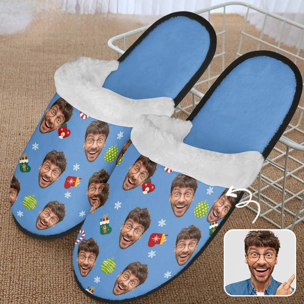 Custom Face Blue Christmas Fuzzy Slippers For Women&Men Personalized Christmas Face Slippers Gifts
