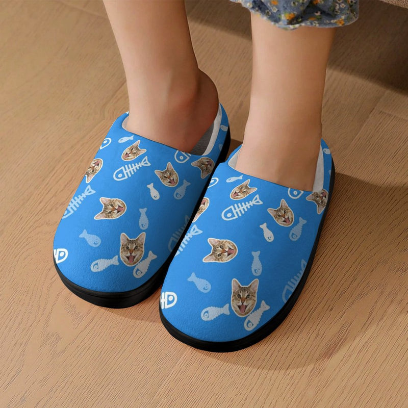 Personalized Cat Face Fish Bones 6 Colors Cotton Slipper For Family