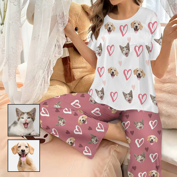 Custom Women's Pocket Short Sleeve&Long Pants Pajama Sets Personalized Face Heart Nightwear Set