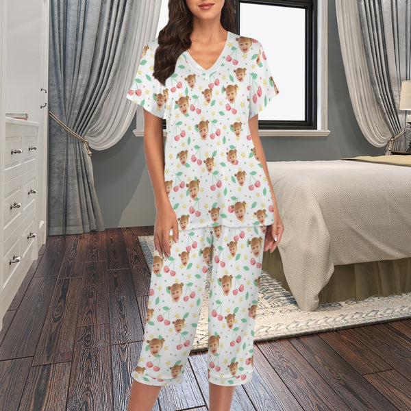 Personalized Face Women's Pajama Set Custom Kids Face Cherry Women's V-Neck Short Sleeve&Capri Pants Pajama Sets