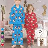 Custom Face 2Y-15Y Kid's Long Sleeve Pajamas Set Personalized Solid Color Christmas Hat Face Pajama