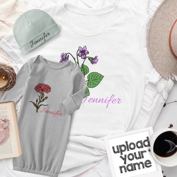 Custom Name&Birth Month Flower Baby Sleeper Gown Baby Layette Set Personalized Infant Sleep Bag Pajamas&Mom T-shirt