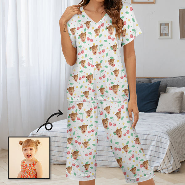Personalized Face Women's Pajama Set Custom Kids Face Cherry Women's V-Neck Short Sleeve&Capri Pants Pajama Sets