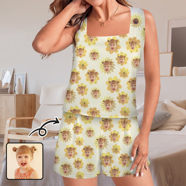Custom Women's Sleeveless Square Neck Pajama Sets Personalized Yellow Flowers Faces Pajama Set