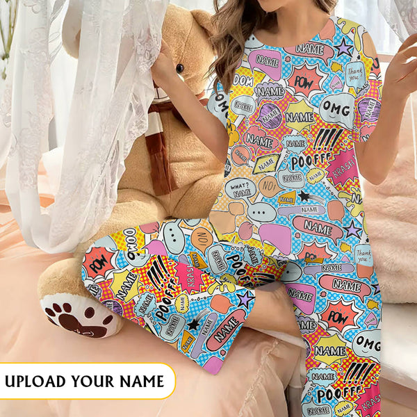 Custom Women's Pocket Short Sleeve&Long Pants Pajama Sets Personalized Name Colorful Nightwear Set