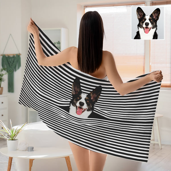 Personalized Photo Black Strips Bath Towel