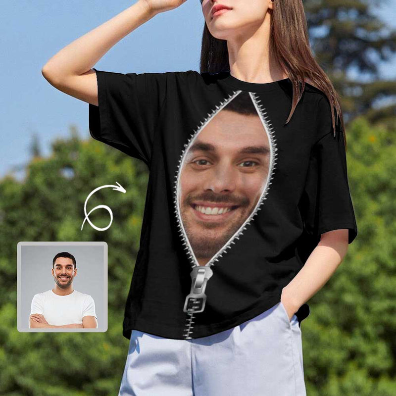 Custom Boyfriend Face Black Zipper Women's All Over Print T-shirt