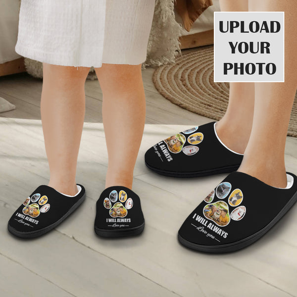 Personalized Photo Paw Black Cotton Slipper For Family