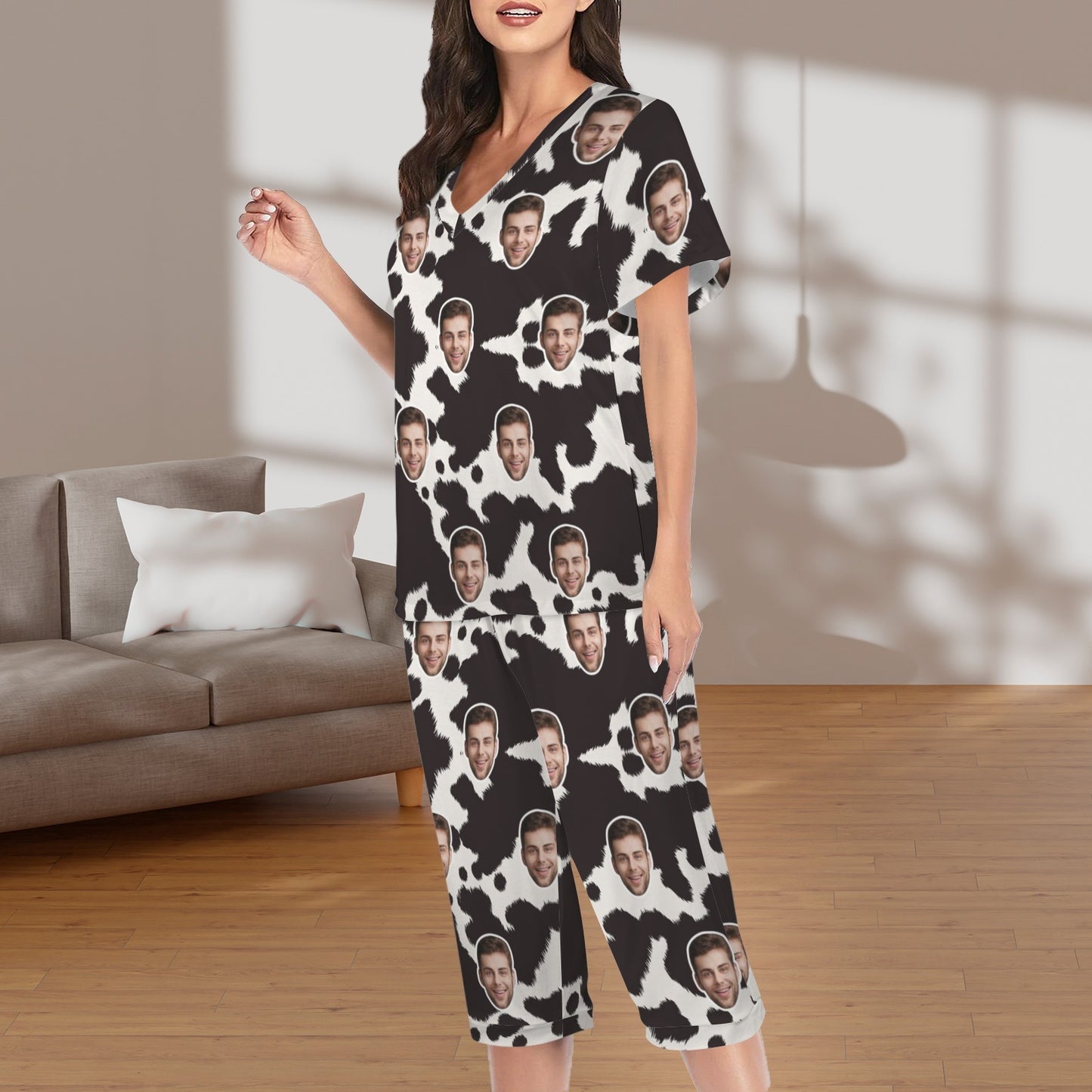 Personalized Face Women's Pajama Set Custom Cow Pattern Women's V-Neck Short Sleeve&Capri Pants Pajama Sets