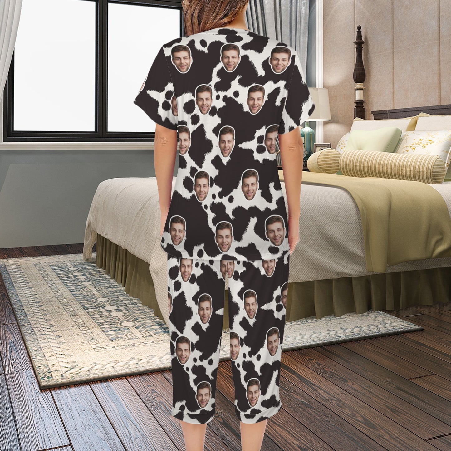 Personalized Face Women's Pajama Set Custom Cow Pattern Women's V-Neck Short Sleeve&Capri Pants Pajama Sets