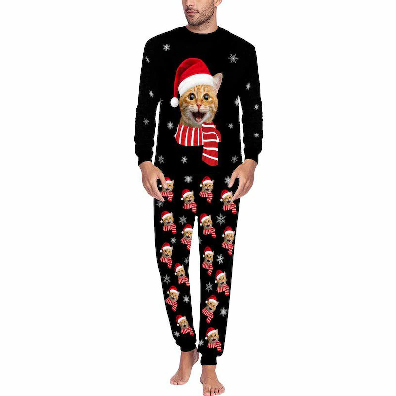 Custom Face Crew Neck Long Sleeve Pajama Sets Personalized Face With Santa Hat Pajamas For Family