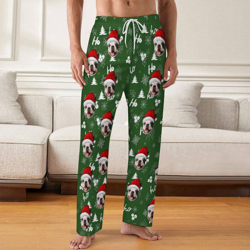 Personalized Men&Women Pajama Pants&Christmas Hat Custom Face Ho Green Pants For Christmas Party