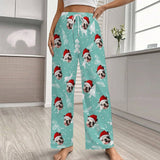 Personalized Men&Women Pajama Pants&Christmas Hat Custom Face Snowflake Light Blue Pants For Christmas Party