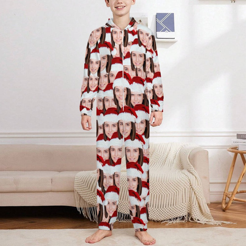 Flannel Fleece Custom Face Christmas Pajama Onesie Loungewear Set For Adult&Kids