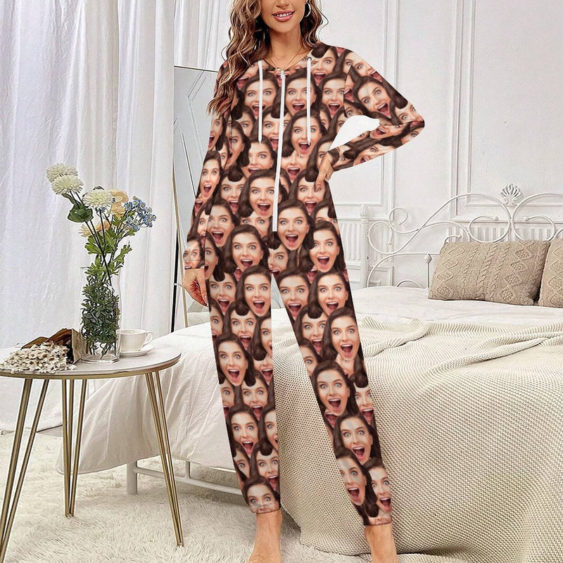 Custom Multi-Face Unisex Hooded Onesie Jumpsuits With Pocket For Adult Personalized Zip One-piece Pajamas