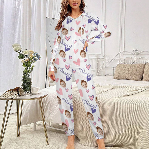 Custom Face Couple Onesie Jumpsuit Personalized Pink&White Unisex One Piece Pajama Loungewear