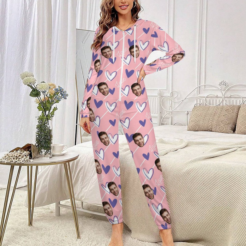 Custom Face Couple Onesie Jumpsuit Personalized Pink&White Unisex One Piece Pajama Loungewear