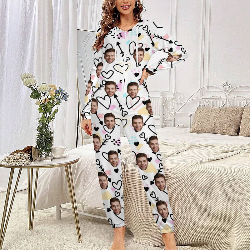 Custom Face Couple Onesie Jumpsuit Personalized White Heart Unisex One Piece Pajama Loungewear