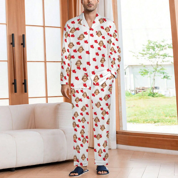 Custom Face Long Sleeve Pajamas Personalized Couple Matching Face Red Heart Black White Pajama Set