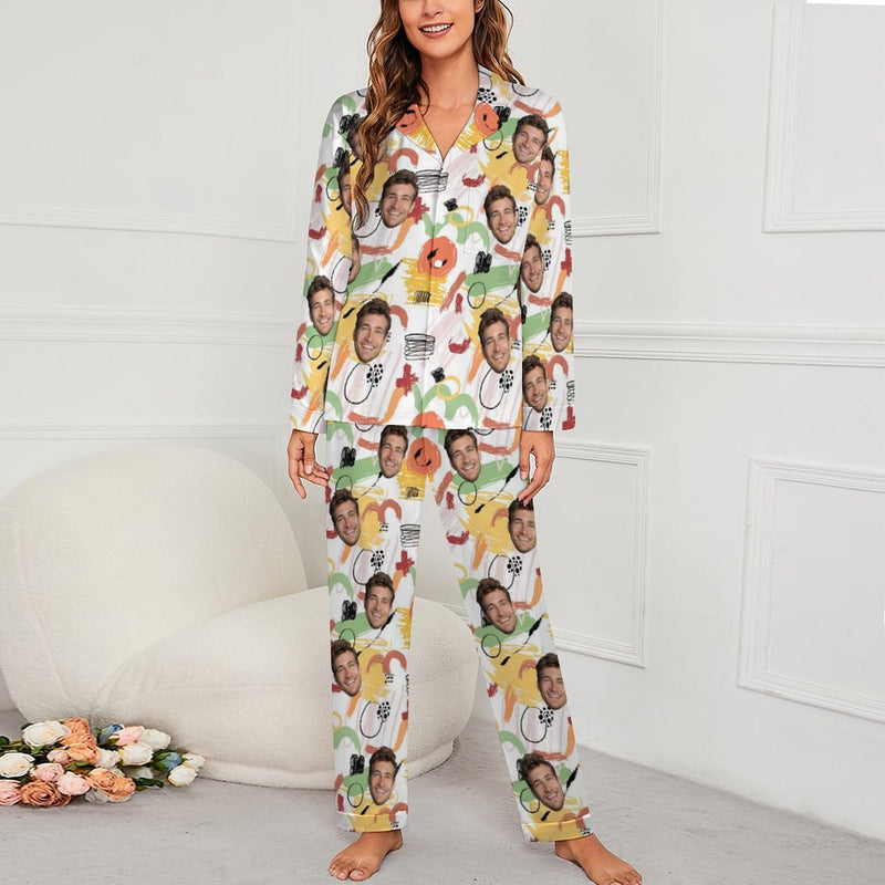 Custom Face Pajamas Set Personalized Graffiti Family Matching Long Sleeve Button Pajama Set