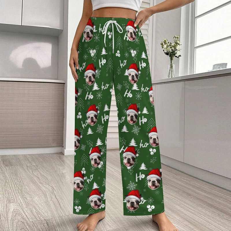 Personalized Men&Women Pajama Pants&Christmas Hat Custom Face Ho Green Pants For Christmas Party