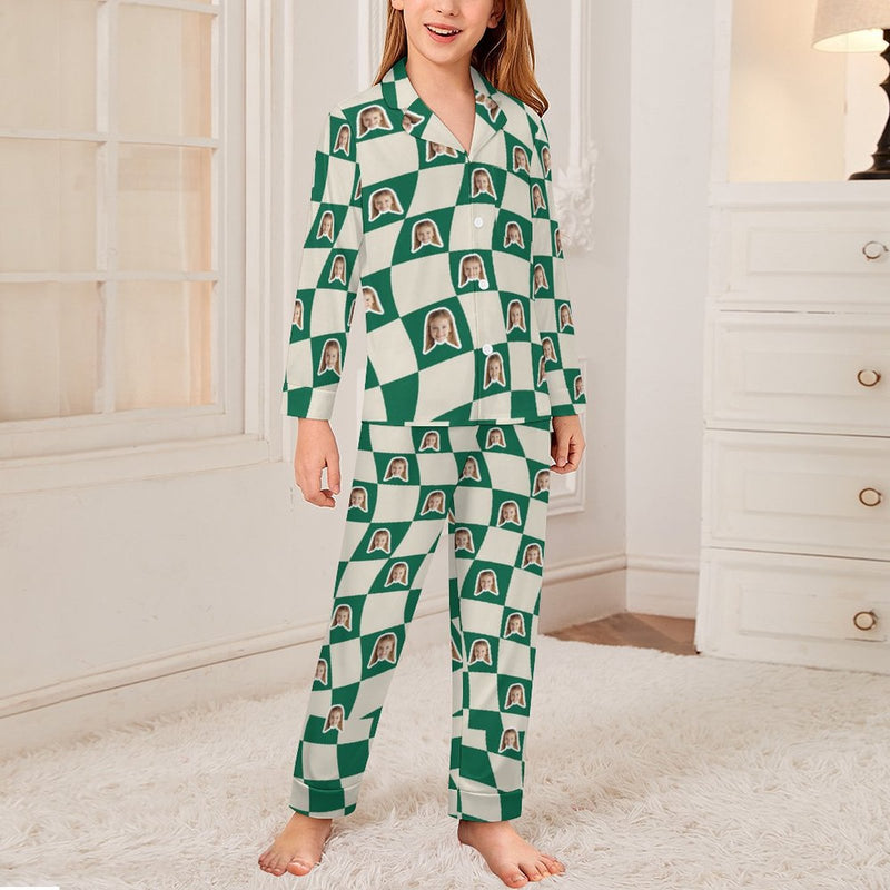 Custom Face Pajamas Set Personalized Green Family Matching Long Sleeve Button Pajama Set