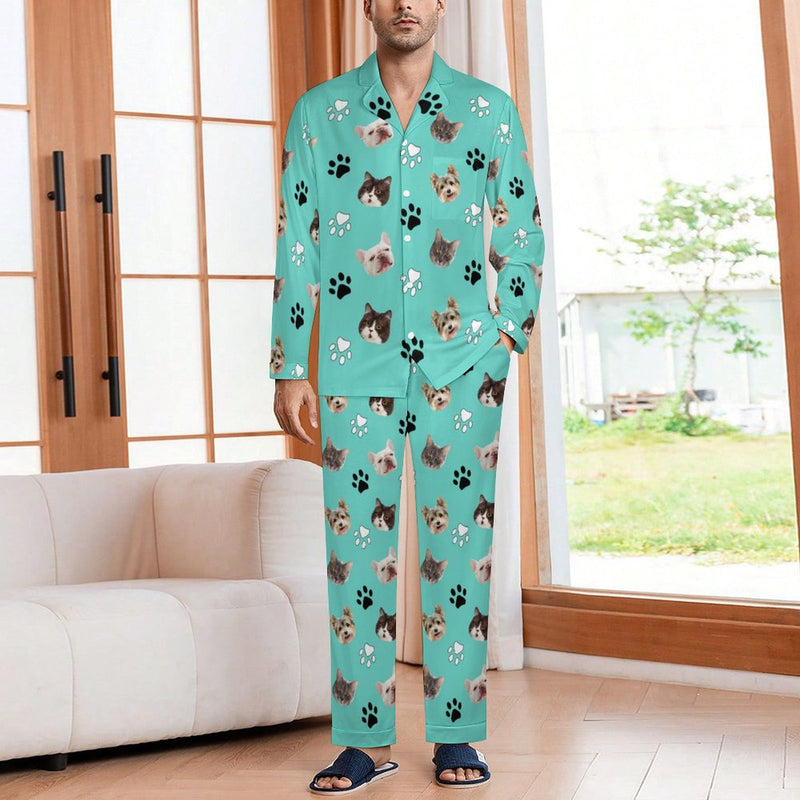 Custom Face Long Sleeve Pajamas Set Personalized Pet Paw Sleepwear For Men&Women