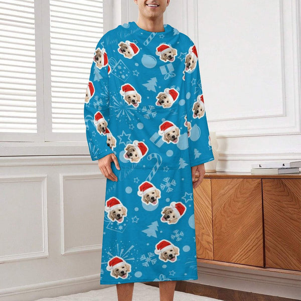 Personalized Face Christmas Blue Blanket Robe Loungewear