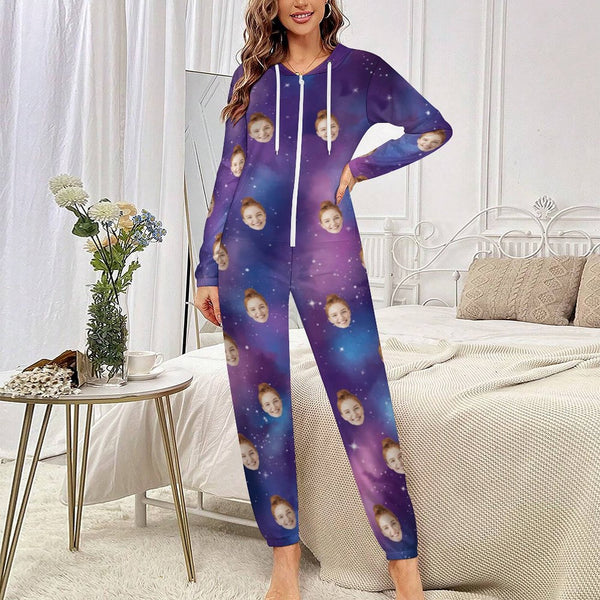 Custom Face Couple Onesie Jumpsuit Personalized Starry Sky Unisex One Piece Pajama Loungewear