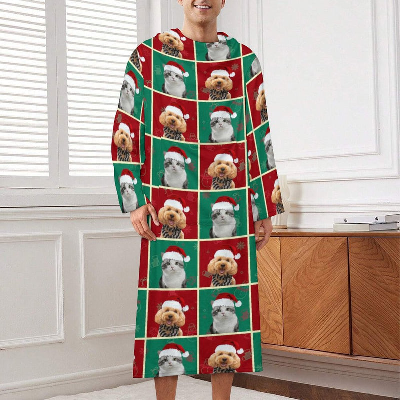 Personalized Face Christmas Red&Green Grid Blanket Robe Loungewear